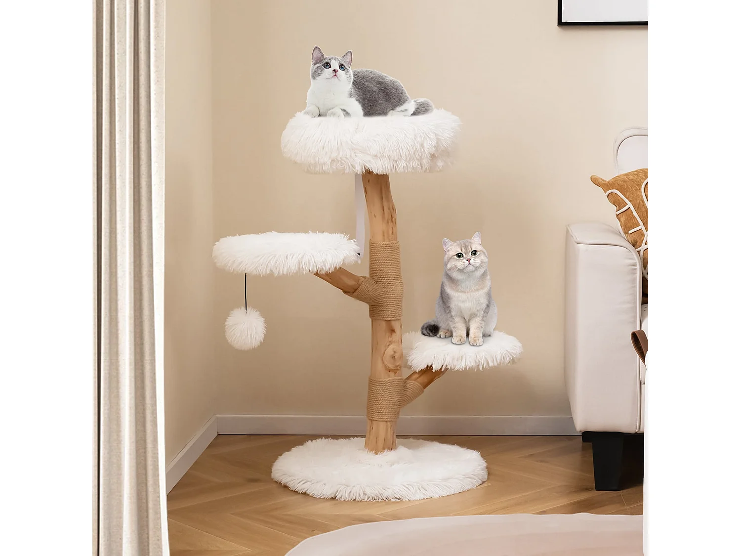 Arbre à Chat de 90 cm Tour pour Chat en Bois Massif de Poirier avec Perchoir Centre d'Activités Moderne pour Chats Blanc