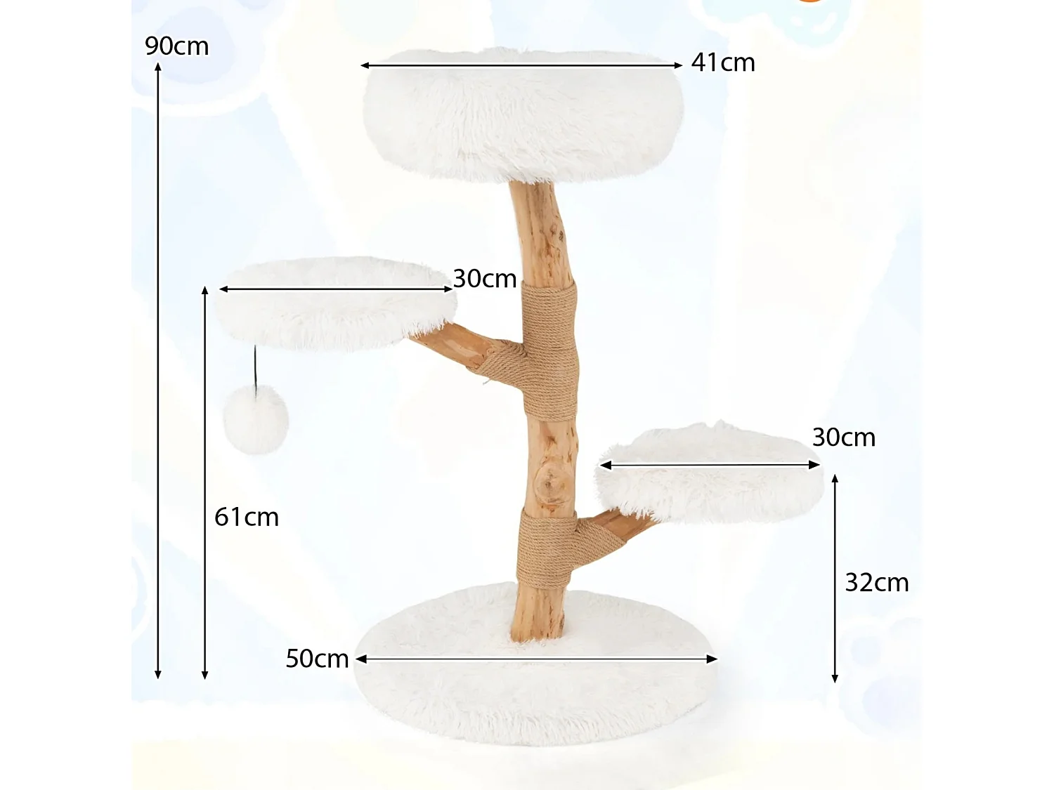 Arbre à Chat de 90 cm Tour pour Chat en Bois Massif de Poirier avec Perchoir Centre d'Activités Moderne pour Chats Blanc