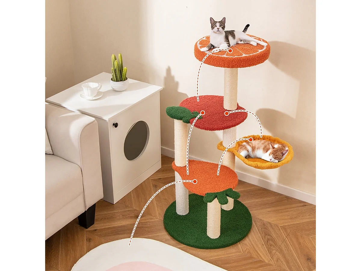 Arbre à Chat Style Fruit Tour à Chat Multi-Niveaux avec Perchoir Doux Panier Rotatif Poteaux à Gratter en Sisal Plateforme Coloré