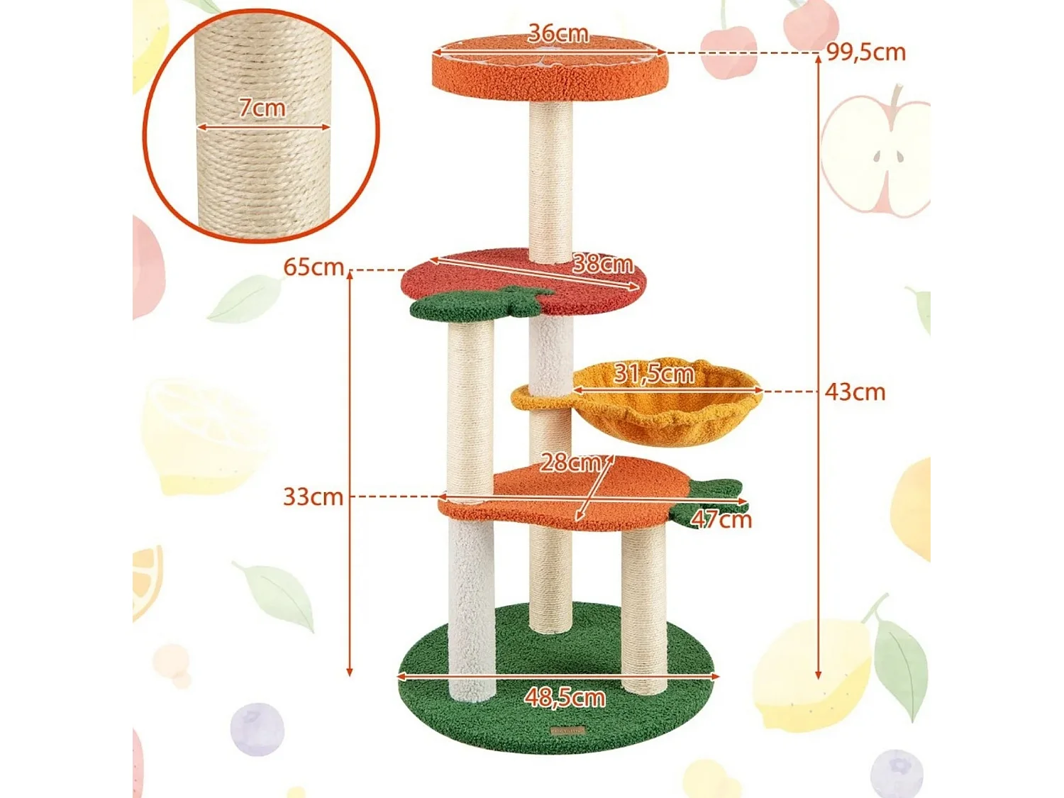 Arbre à Chat Style Fruit Tour à Chat Multi-Niveaux avec Perchoir Doux Panier Rotatif Poteaux à Gratter en Sisal Plateforme Coloré