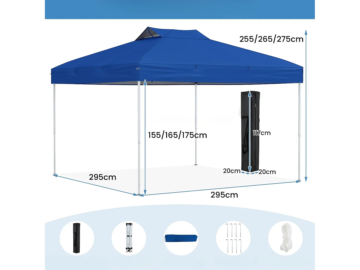 Tonnelle de Jardin Pop-up 295x295CM Tente Réception Pliant avec Verrouillage Central à Un Clic Sac de Transport Portable Bleu