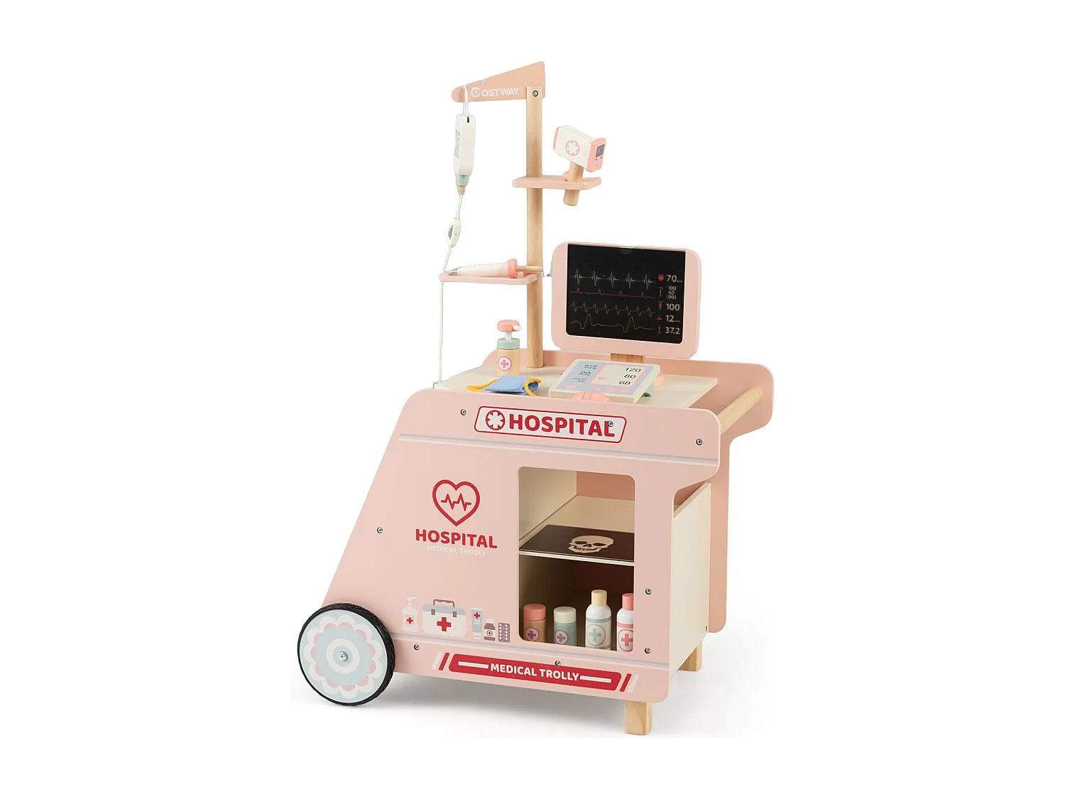 Holz Arztwagen zum Rollenspiel mit Wagen & CT-Maschine & Stethoskop Kinder Ärztespielset Rosa