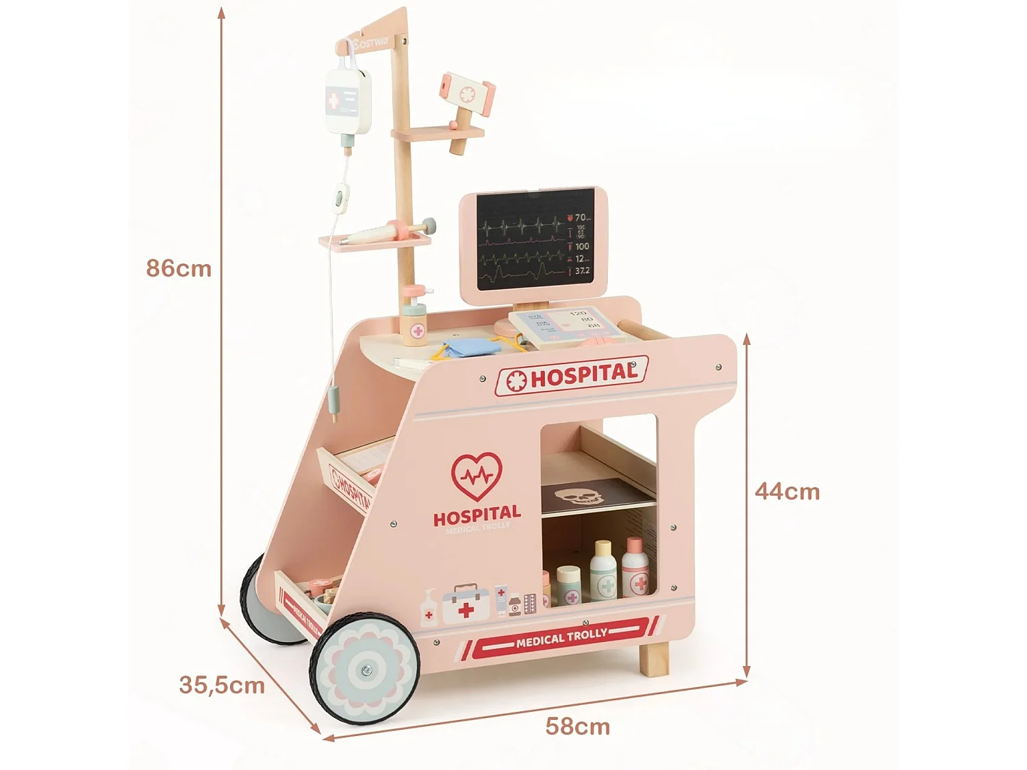 Holz Arztwagen zum Rollenspiel mit Wagen & CT-Maschine & Stethoskop Kinder Ärztespielset Rosa