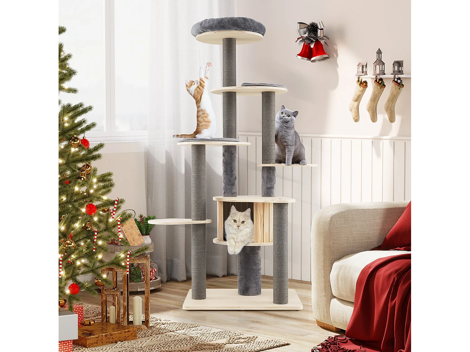 Arbre à Chat Haut de 172 cm Tour à Chat Multi-Niveaux avec Perchoir Supérieur Rembourré Condo Privé Coussin Amovible Griffoirs Gris