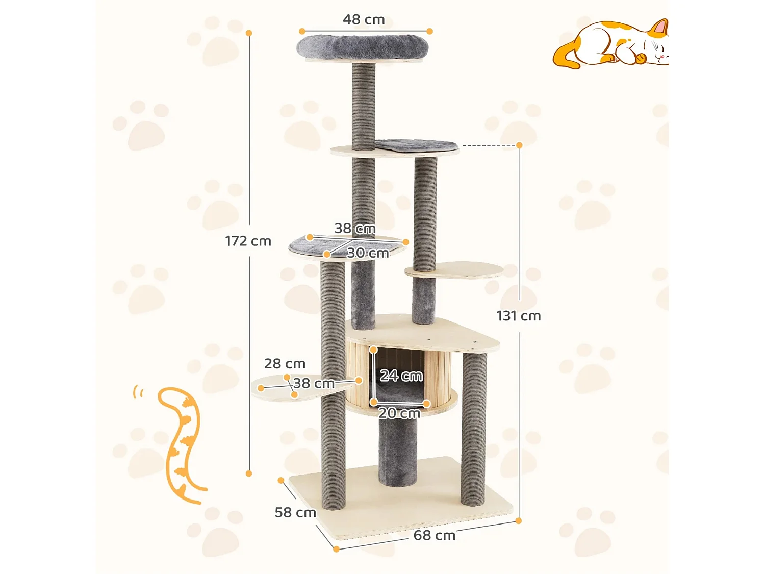Arbre à Chat Haut de 172 cm Tour à Chat Multi-Niveaux avec Perchoir Supérieur Rembourré Condo Privé Coussin Amovible Griffoirs Gris