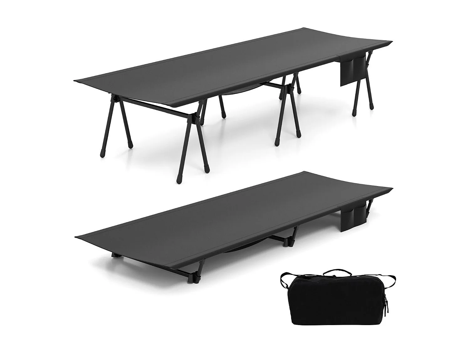 Höhenverstellbares Feldbett Campingbett mit Beinerweiterungen & Seitentasche & Netztasche
