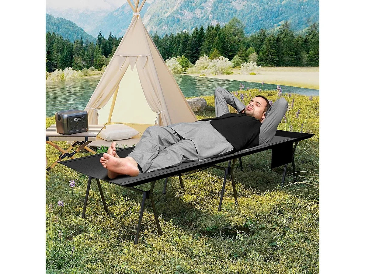 Höhenverstellbares Feldbett Campingbett mit Beinerweiterungen & Seitentasche & Netztasche