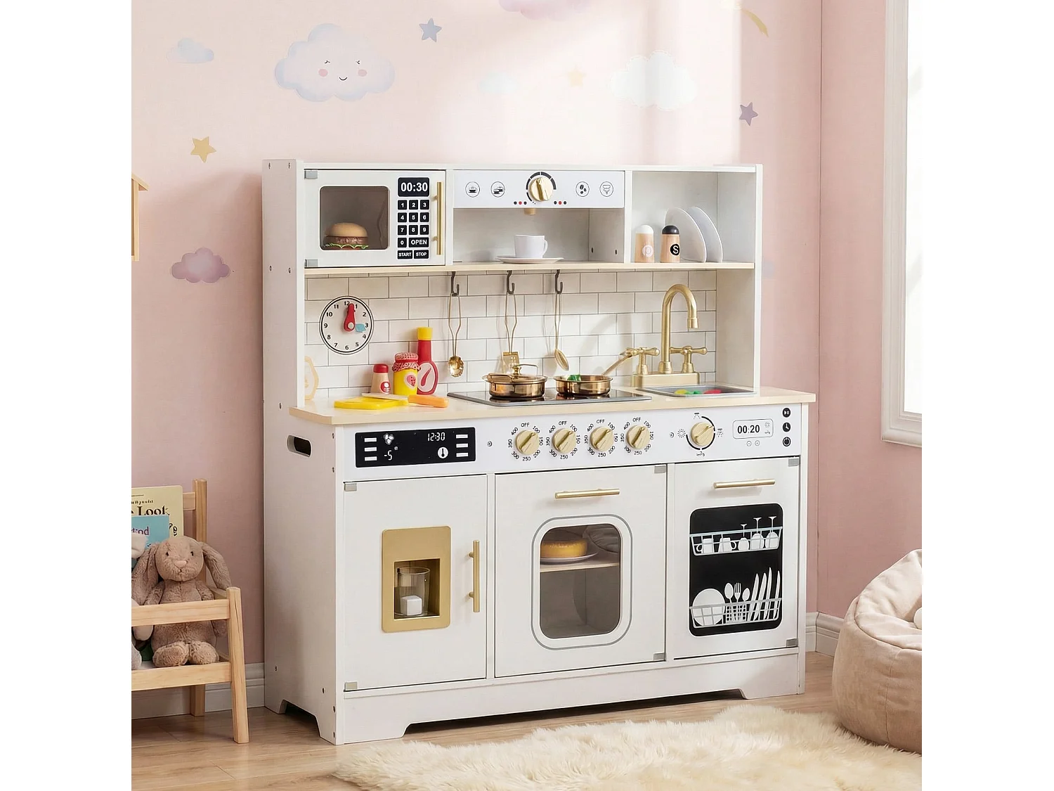 Cuisine pour enfants avec son et lumière Cuisine jouet en bois avec cuisinière & évier Cuisine jouet incl. 14 accessoires Blanc