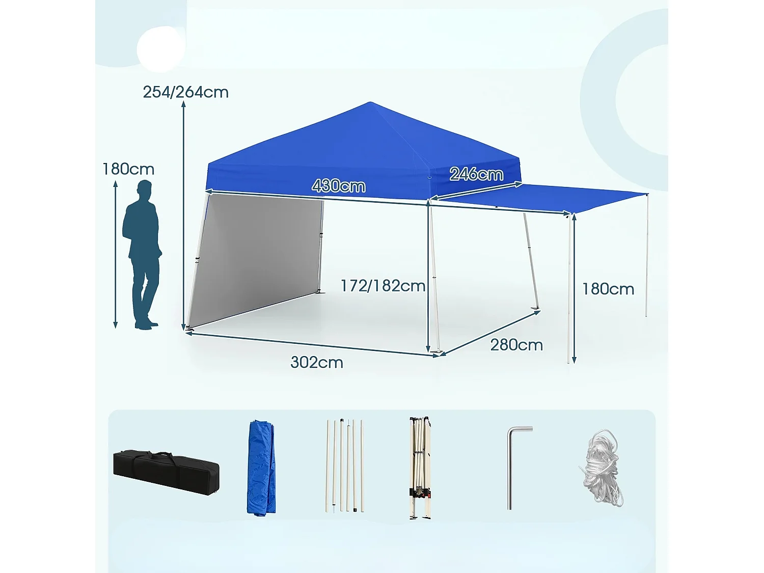 430 x 280cm Pop-up Pavillon avec 2 Parois Latérales Convertibles en Auvent Bleu