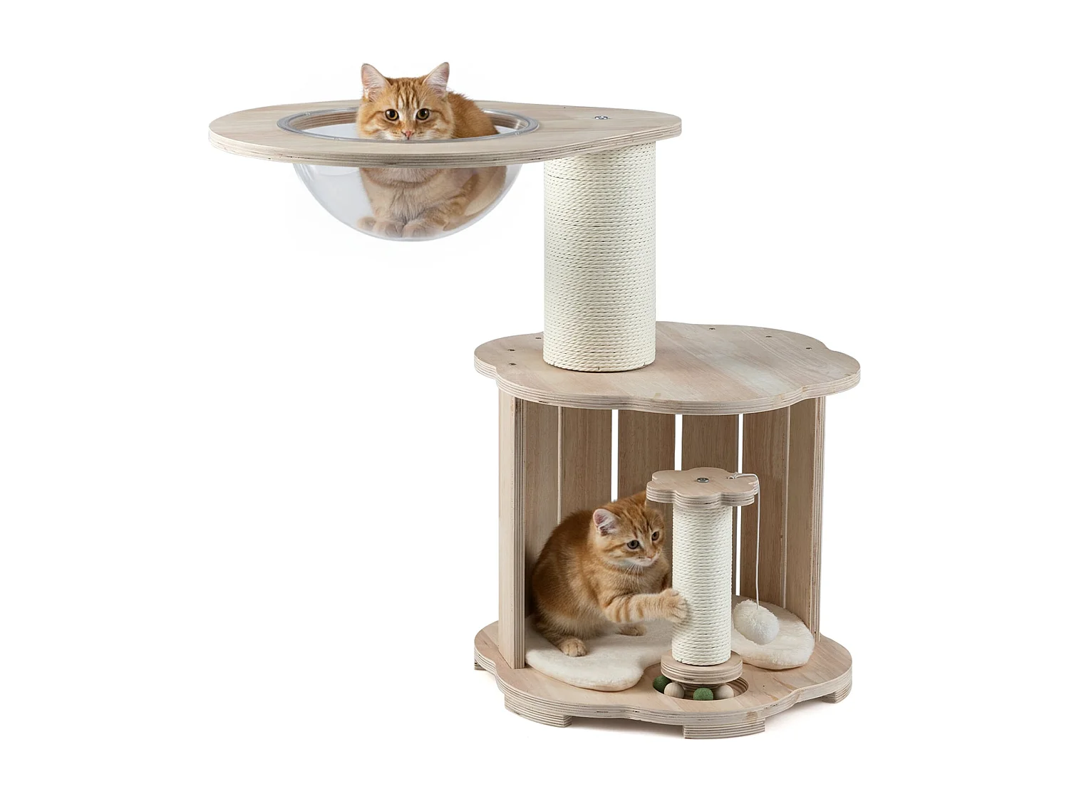 Arbre à Chat en Bois Tour pour Chaton à 3 Niveaux avec Condo Capsule Spatiale Poteaux à Griffer Piste à Billes en Bois Interactive Naturel