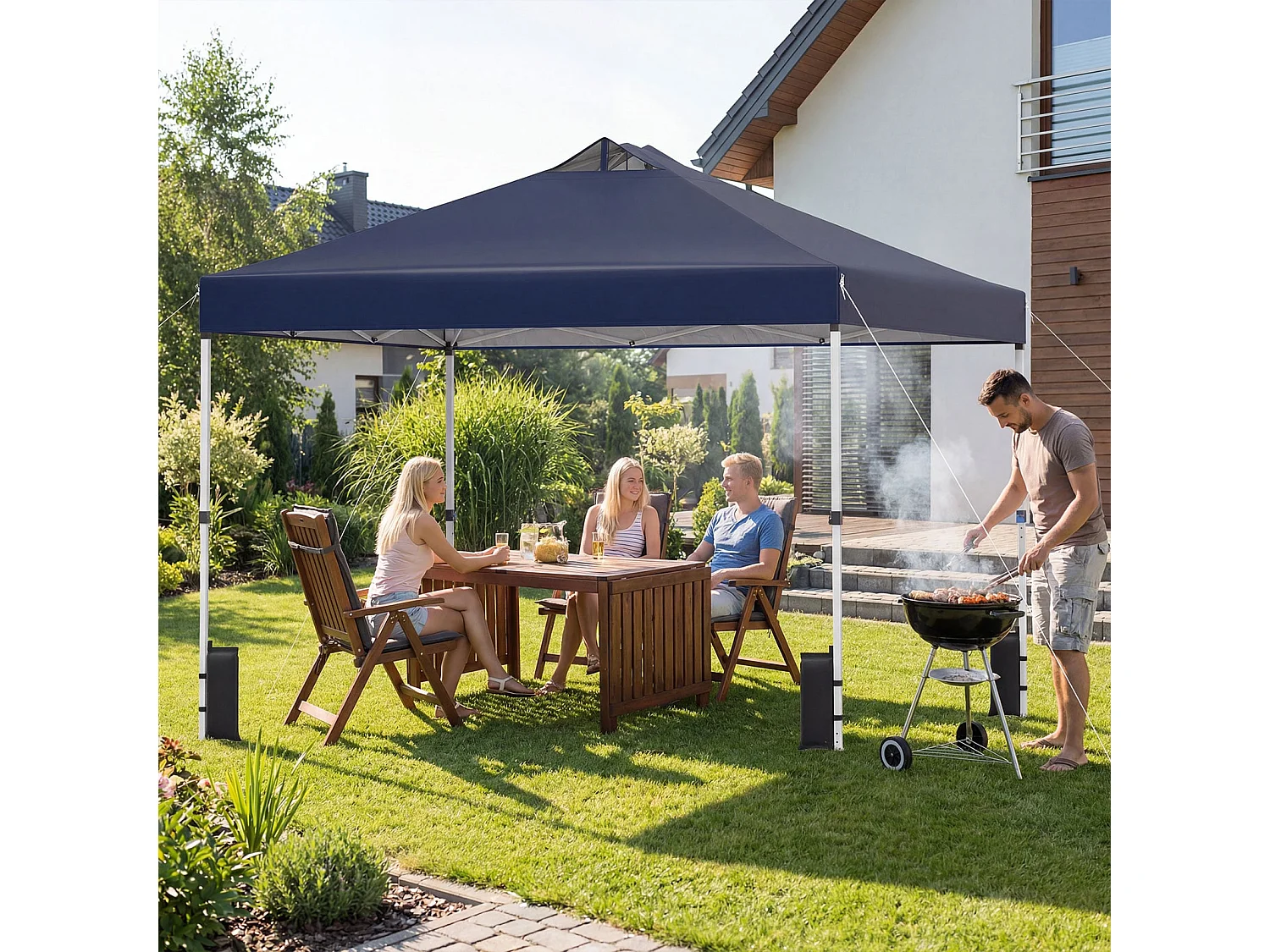 3 x 3 m Pop-Up Pavillon avec 4 sacs de sable & piquets & cordes Pavillon pliable de jardin bleu