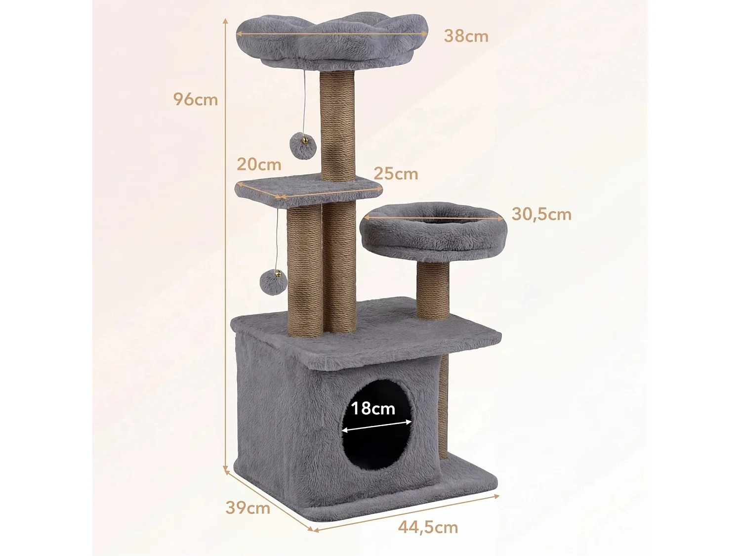 96 cm Kratzbaum mit Katzenhöhle & Plattform & Bett & 2 Bällen Katzenturm Katzenkratzbaum Grau