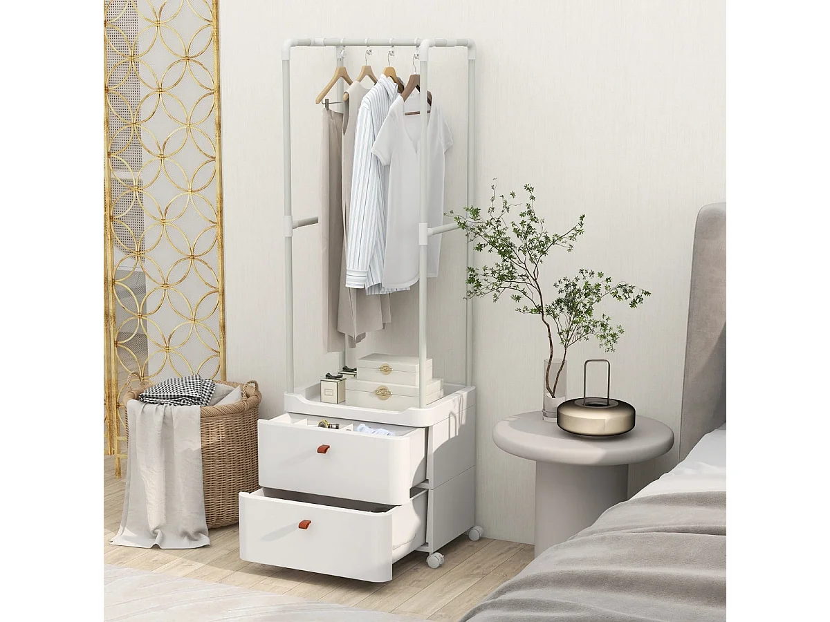 Porte-vêtements avec 2 Tiroirs Organisateur de Vêtements avec Roulettes Verrouillables Commode Autoportante Tringle de Suspension Blanc