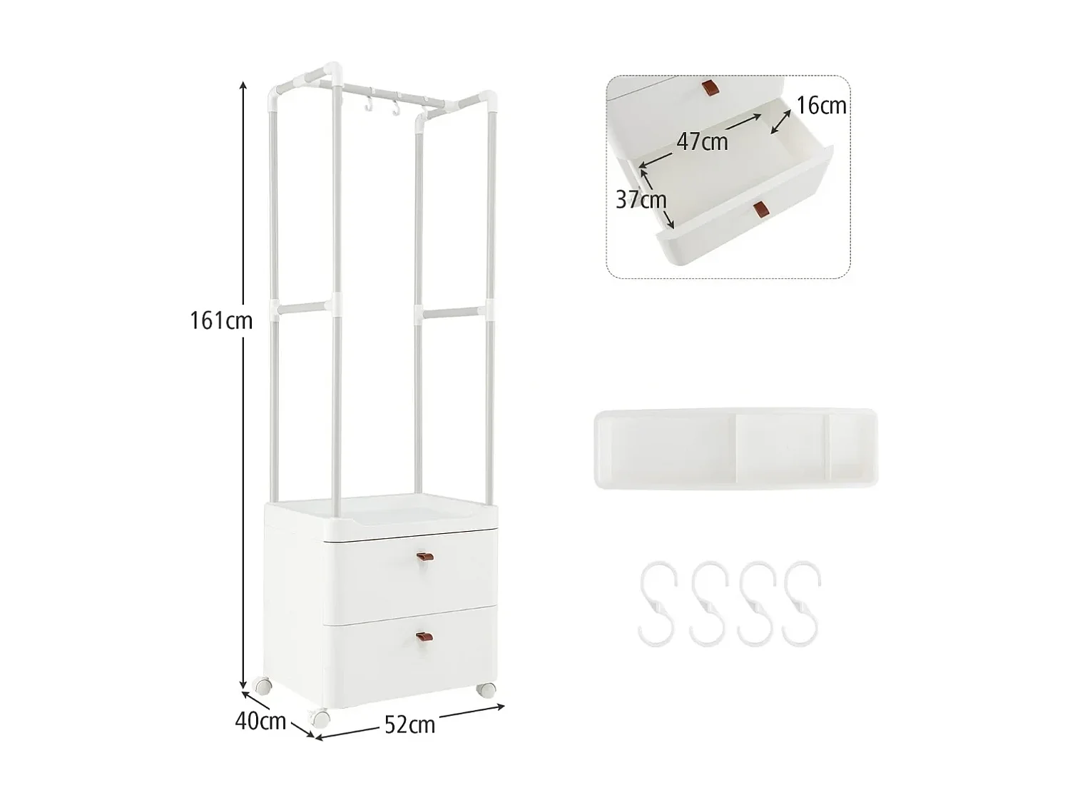 Porte-vêtements avec 2 Tiroirs Organisateur de Vêtements avec Roulettes Verrouillables Commode Autoportante Tringle de Suspension Blanc