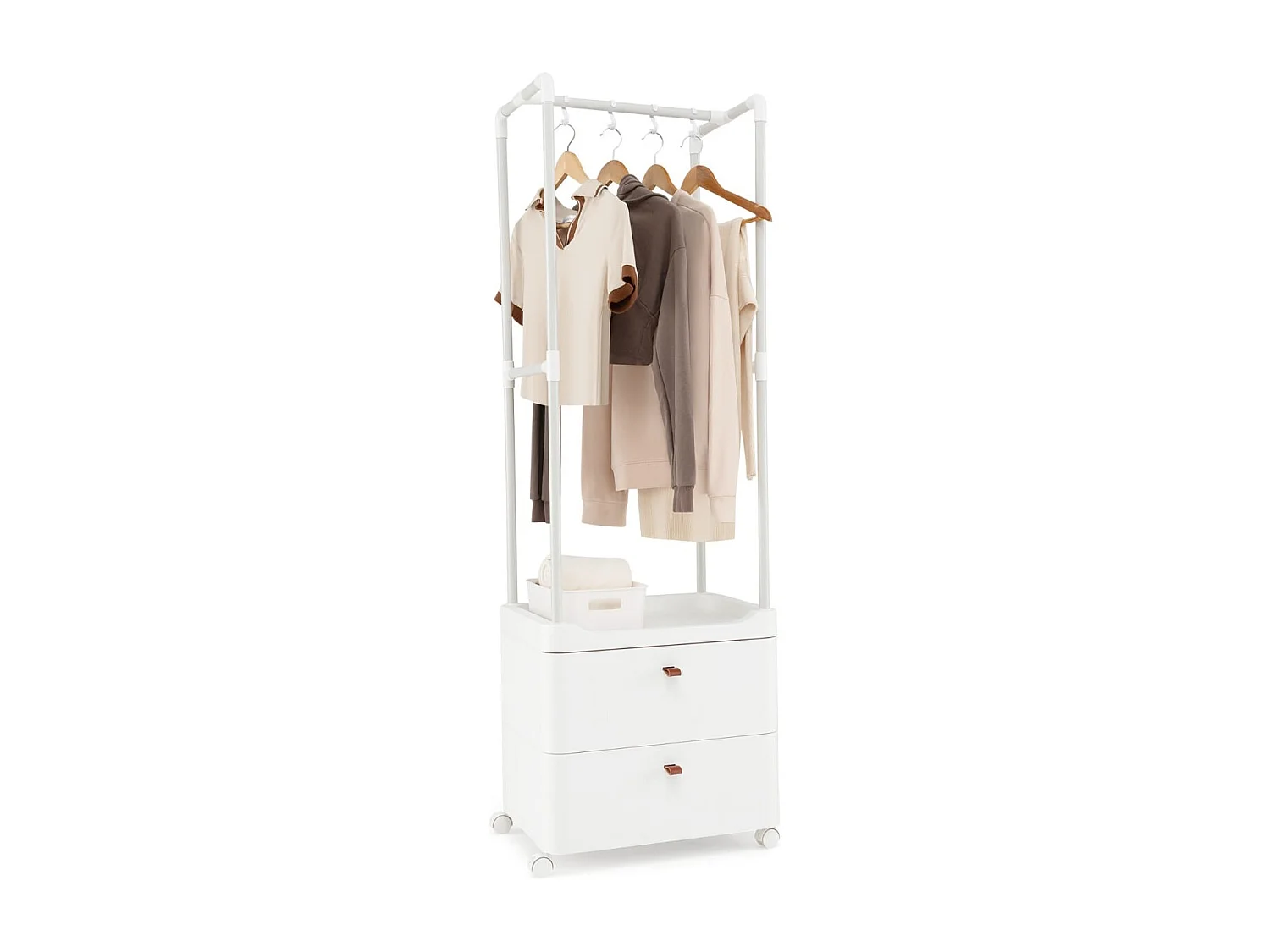 Porte-vêtements avec 2 Tiroirs Organisateur de Vêtements avec Roulettes Verrouillables Commode Autoportante Tringle de Suspension Blanc