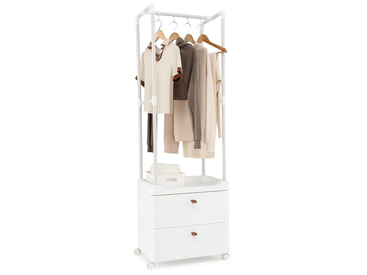 Porte-vêtements avec 2 Tiroirs Organisateur de Vêtements avec Roulettes Verrouillables Commode Autoportante Tringle de Suspension Blanc