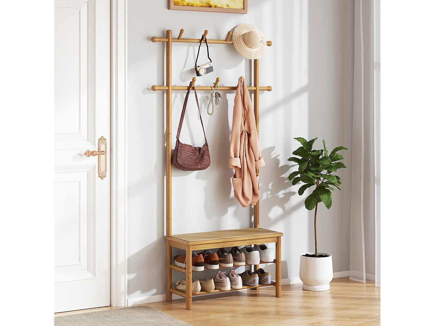 Porte-Manteau en Bambou Arbre de Hall en Rotin PE avec Banc et Rangement à Chaussures Banc d'Entrée avec 2 Barres de Suspension Naturel