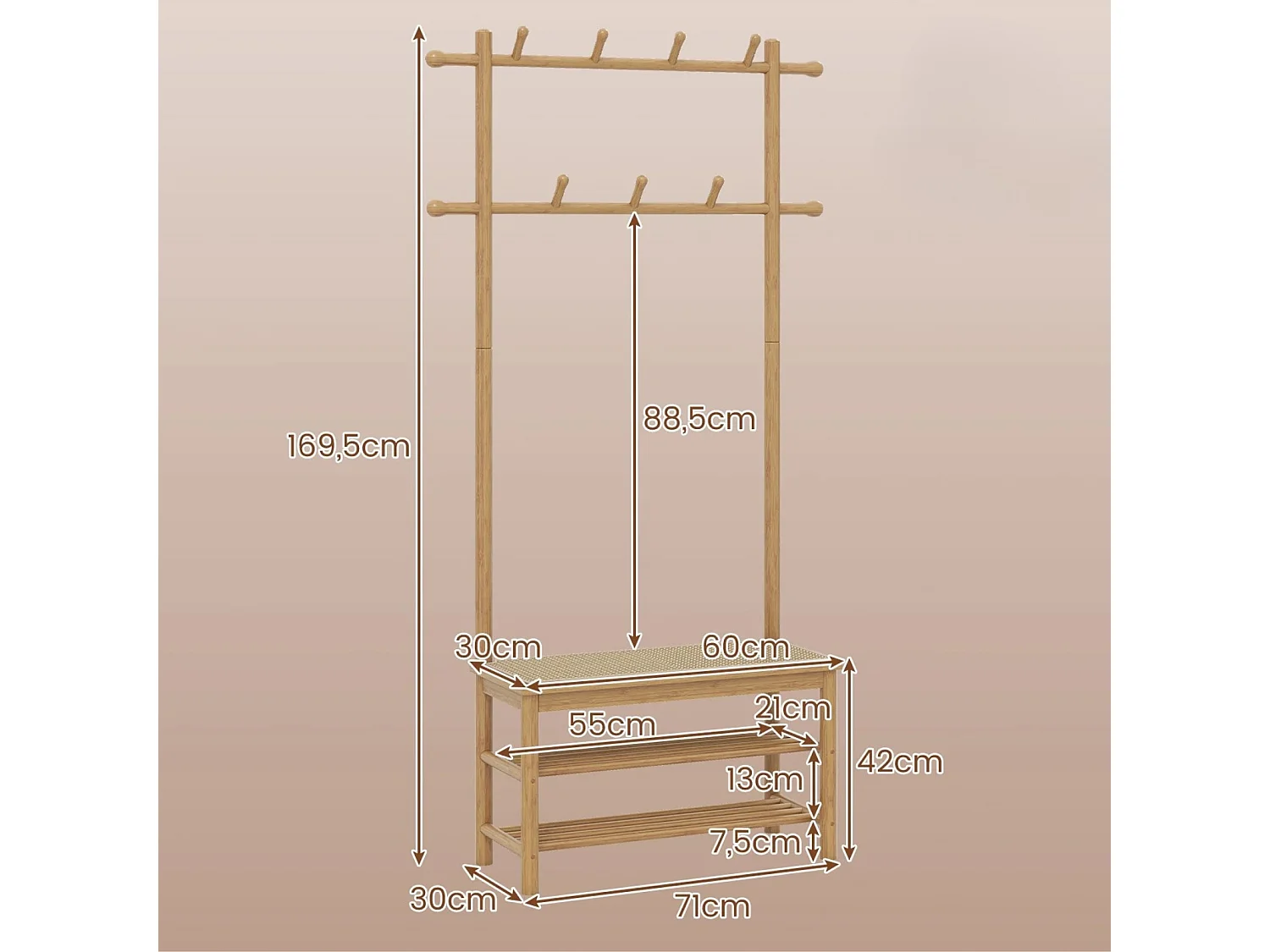 Porte-Manteau en Bambou Arbre de Hall en Rotin PE avec Banc et Rangement à Chaussures Banc d'Entrée avec 2 Barres de Suspension Naturel