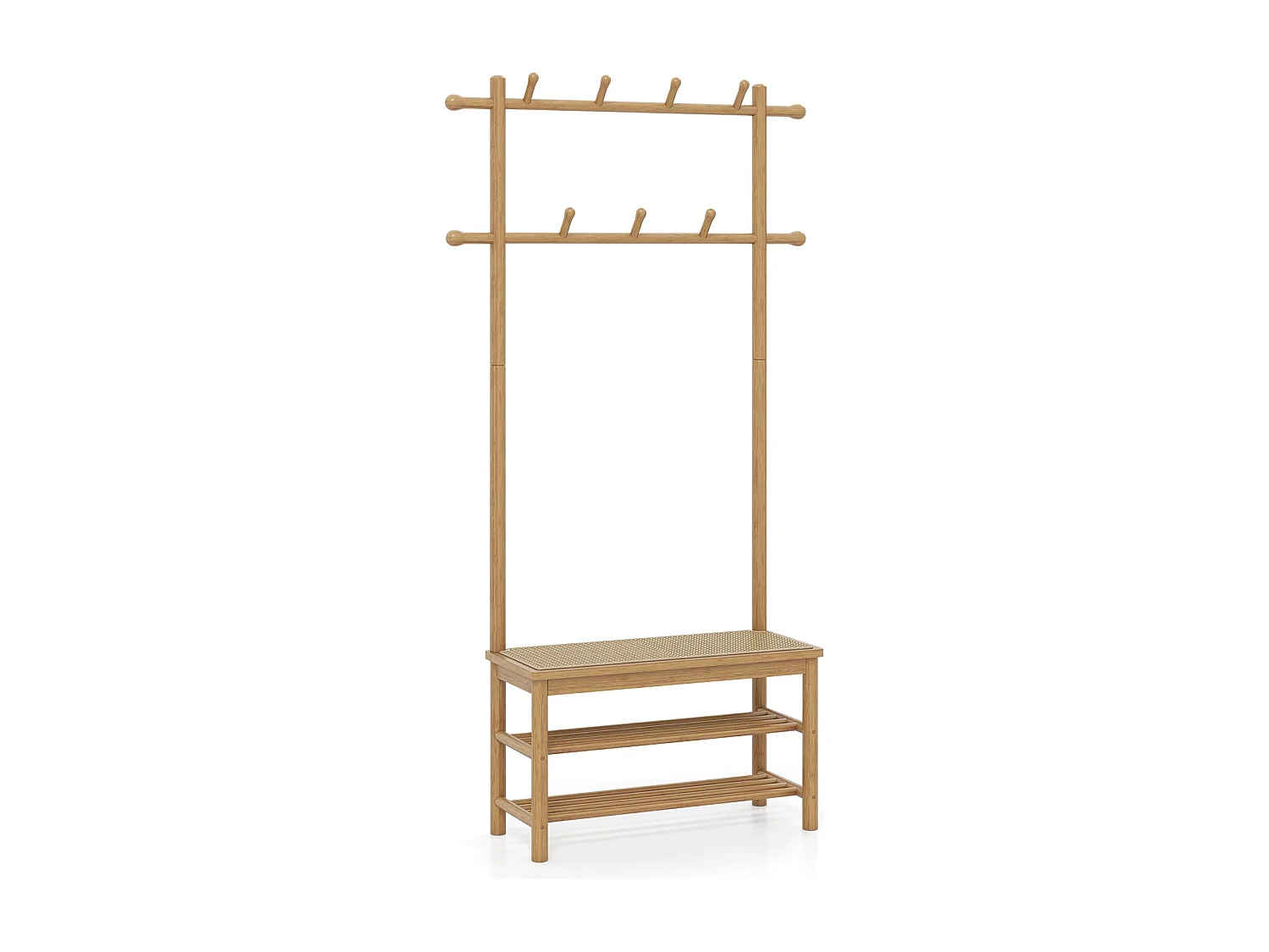 Porte-Manteau en Bambou Arbre de Hall en Rotin PE avec Banc et Rangement à Chaussures Banc d'Entrée avec 2 Barres de Suspension Naturel