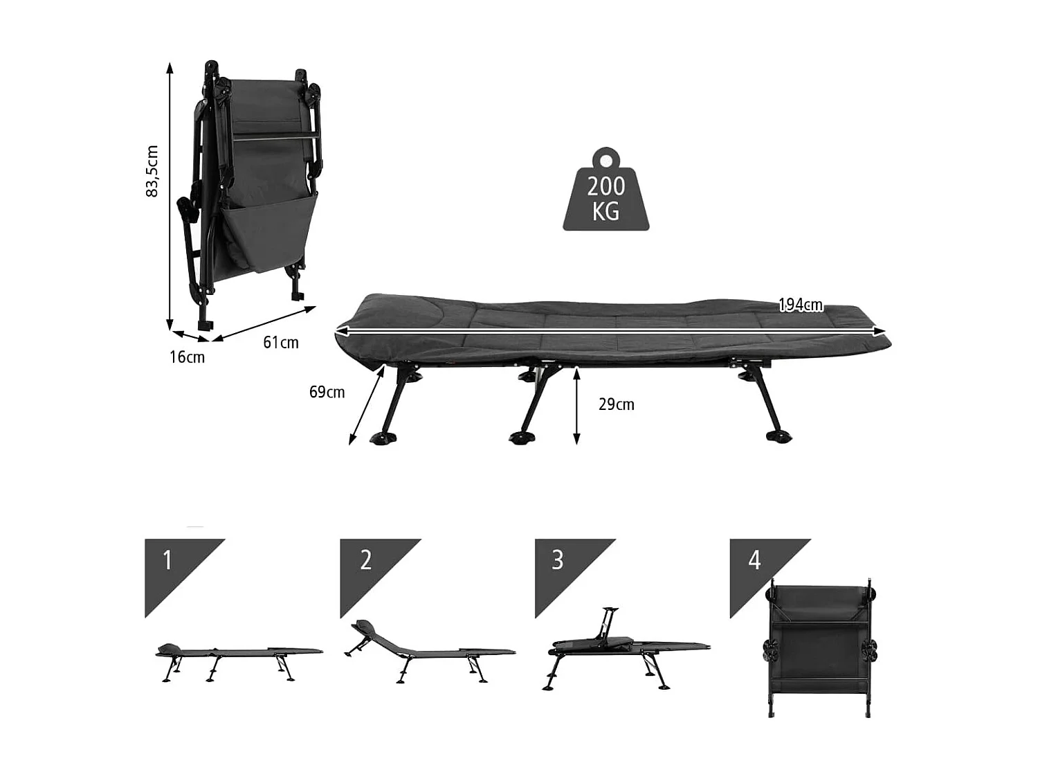 Klappbares Campingbett mit Abnehmbarer Matratze 194 x 66 x 29 cm Grau