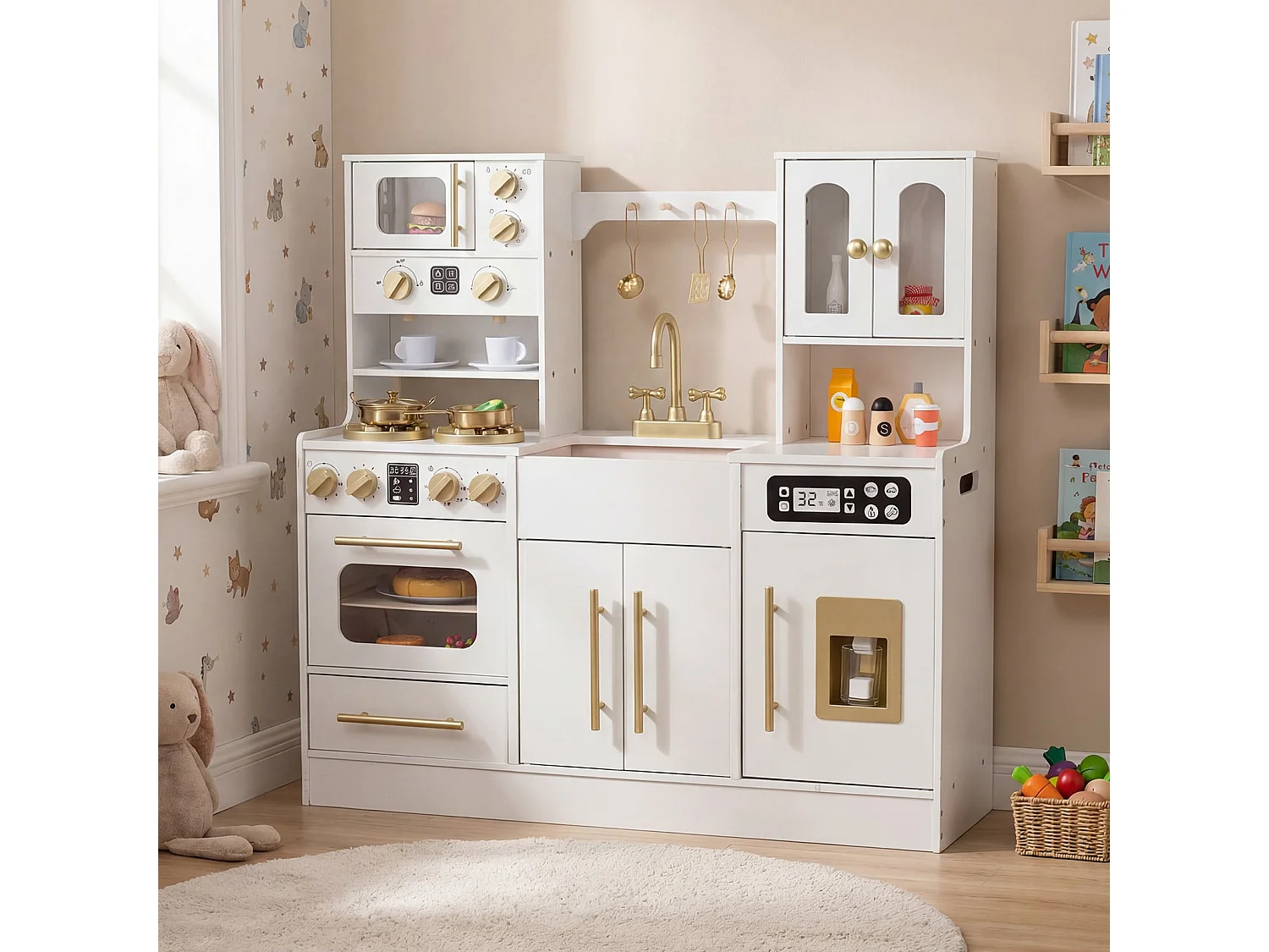 Cucina in legno per bambini con fornello e lavello Cucina in legno con luci e suoni Cucina da gioco con accessori Bianco