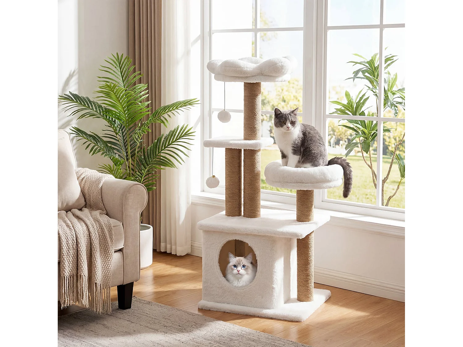 96 cm Kratzbaum mit Katzenhöhle & Plattform & Bett & 2 Bällen Katzenturm Katzenkratzbaum Beige