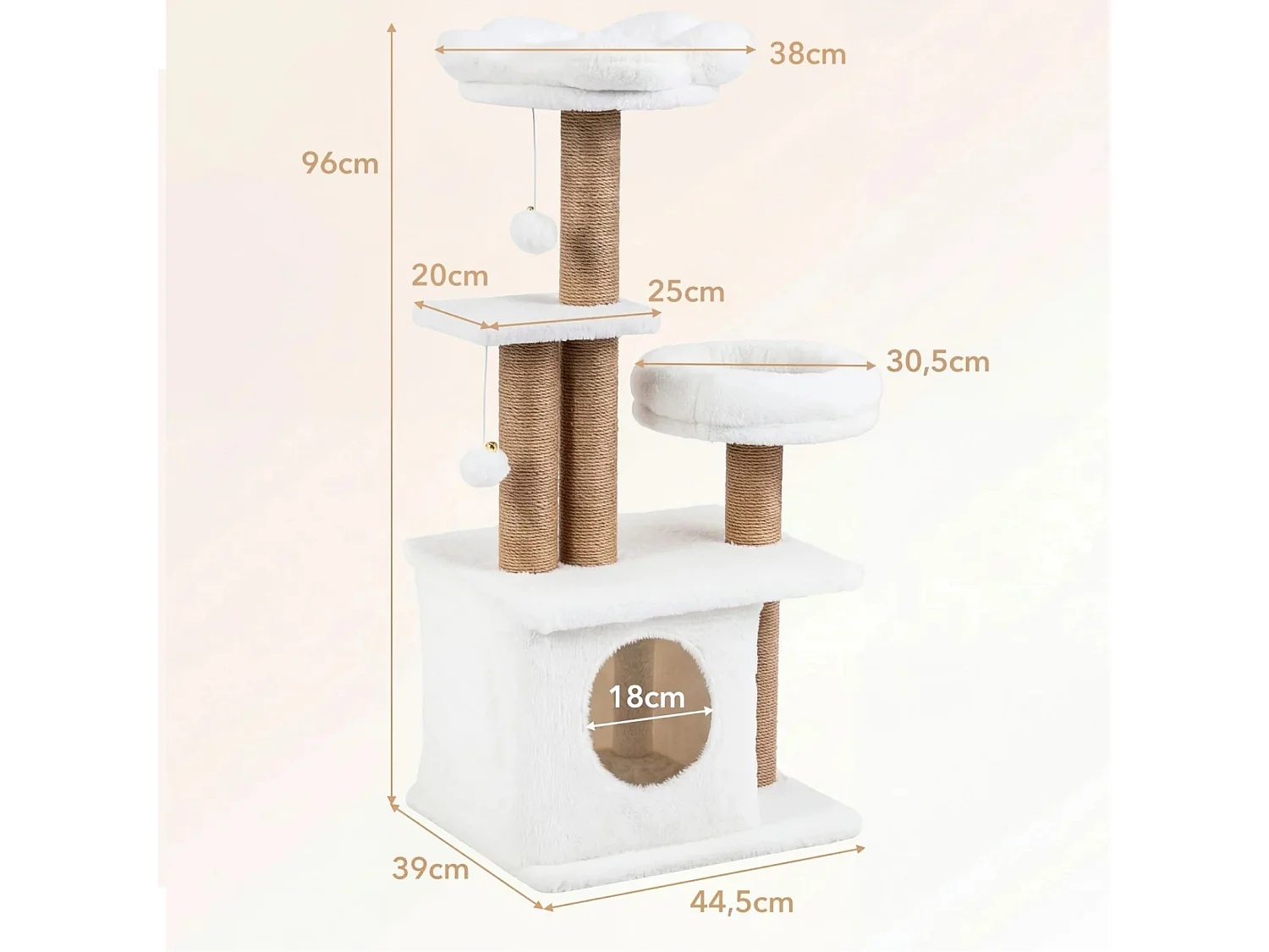 96 cm Kratzbaum mit Katzenhöhle & Plattform & Bett & 2 Bällen Katzenturm Katzenkratzbaum Beige