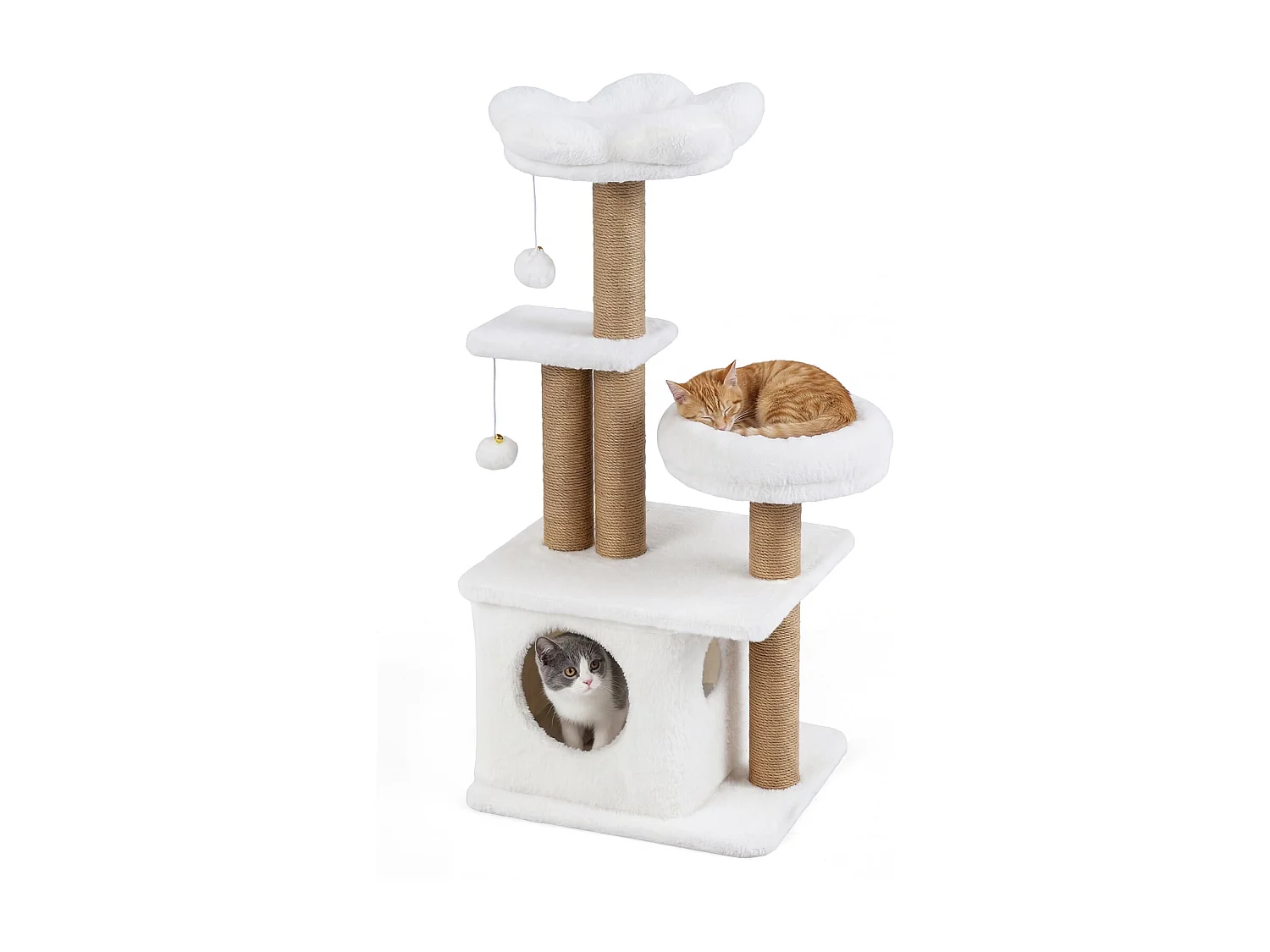 96 cm Kratzbaum mit Katzenhöhle & Plattform & Bett & 2 Bällen Katzenturm Katzenkratzbaum Beige