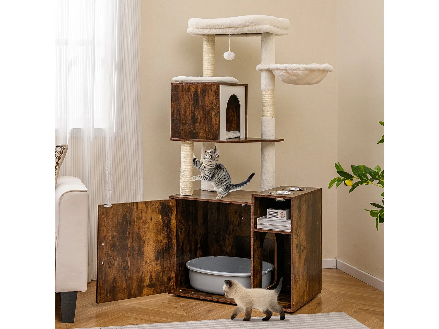 Arbre à Chat avec Bac à Litière Tour pour Chat avec Poteau Tapis à Griffer en Sisal et Balle Suspendue Baignoire Dissimulée Marron