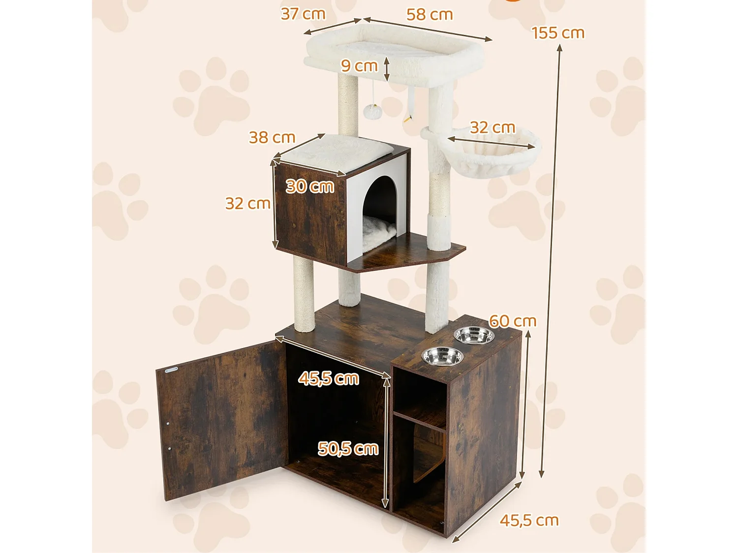 Arbre à Chat avec Bac à Litière Tour pour Chat avec Poteau Tapis à Griffer en Sisal et Balle Suspendue Baignoire Dissimulée Marron