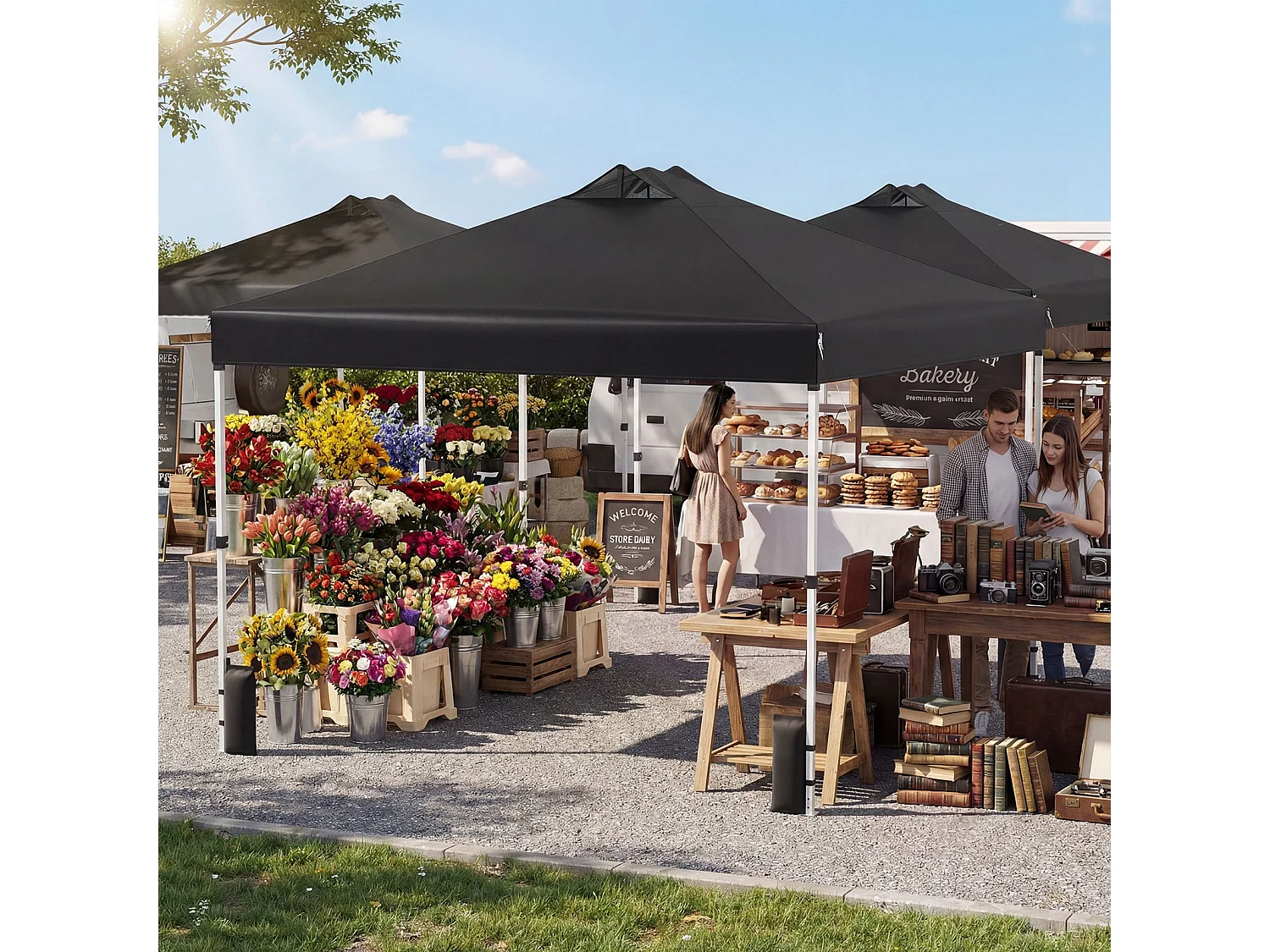 3 x 3 m Pop-Up Pavillon avec 4 sacs de sable & piquets & cordes Pavillon de jardin pliable Noir