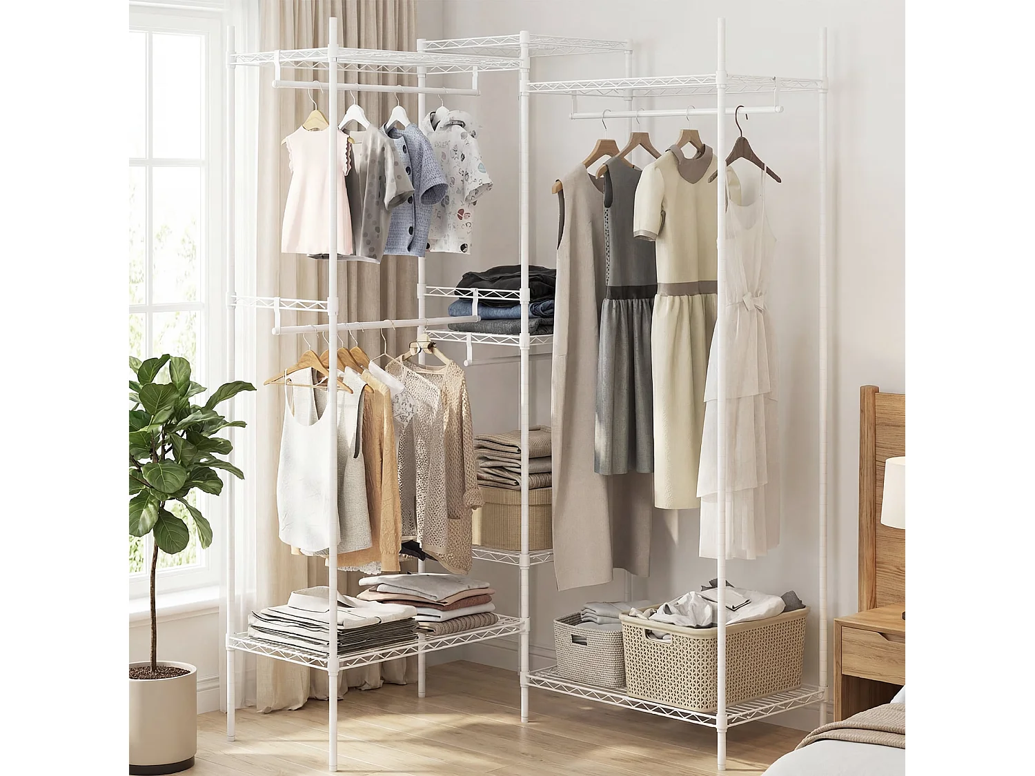 Armoire à vêtements portable Organisateur de vêtements transformable avec forme en L & montage horizontal Blanc