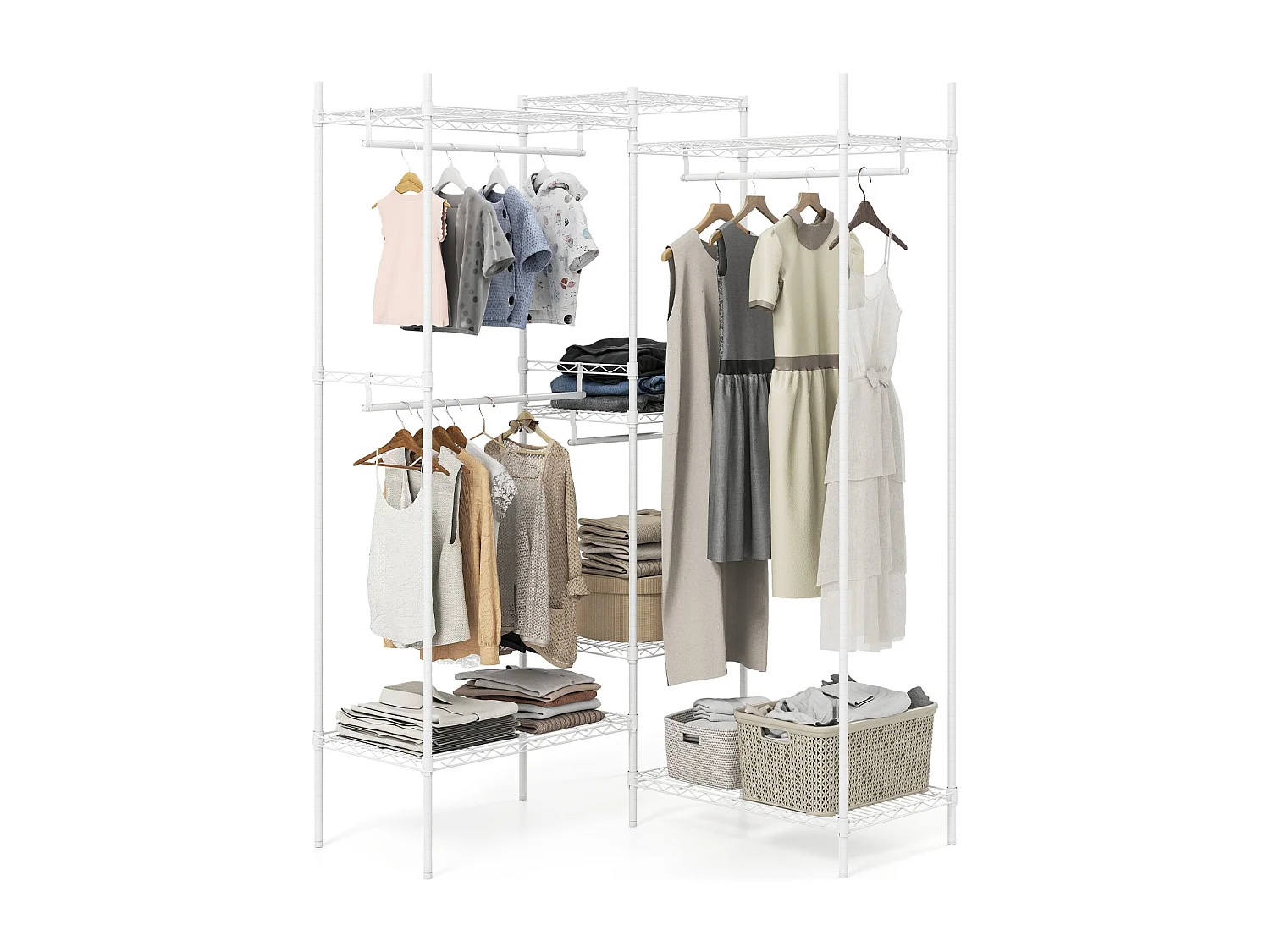 Armoire à vêtements portable Organisateur de vêtements transformable avec forme en L & montage horizontal Blanc