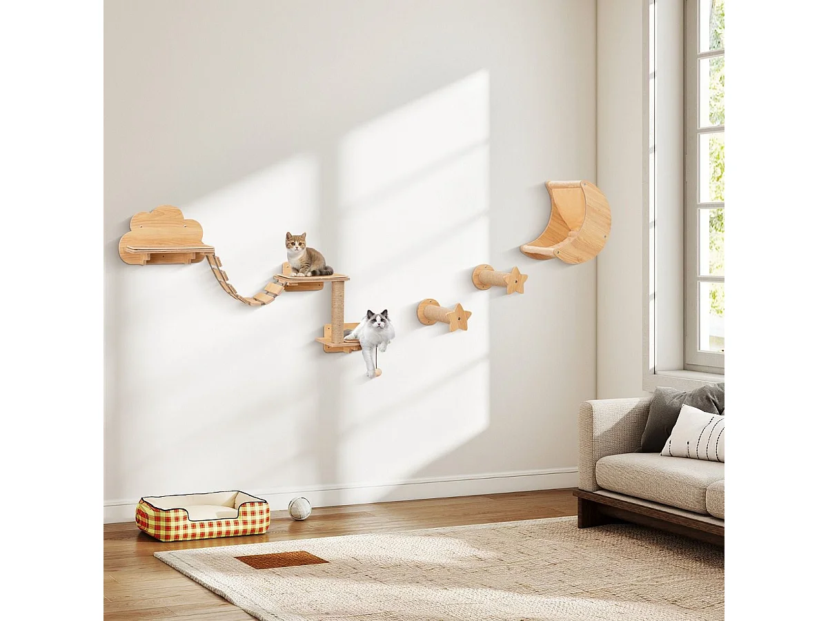6 PCS mur d'escalade chats arbre à chat 2 niveaux avec plateformes hamac arbre à chat bois meubles pour chats nature