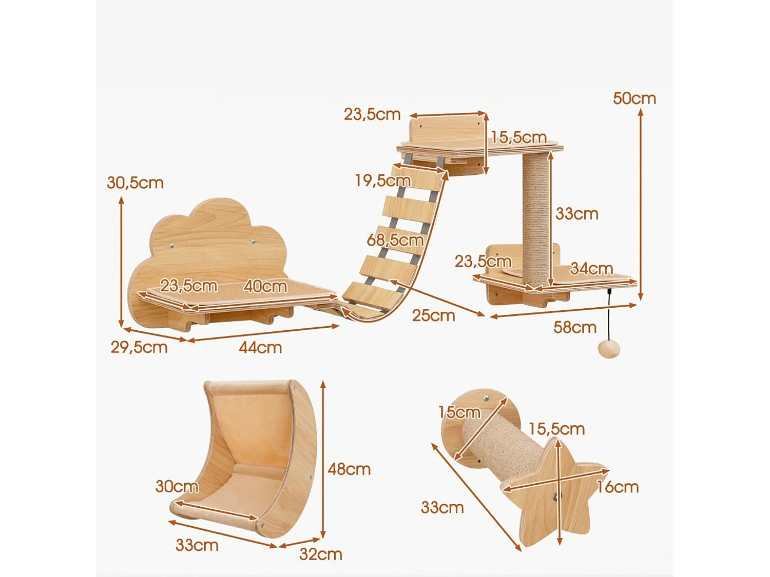 6 PCS mur d'escalade chats arbre à chat 2 niveaux avec plateformes hamac arbre à chat bois meubles pour chats nature