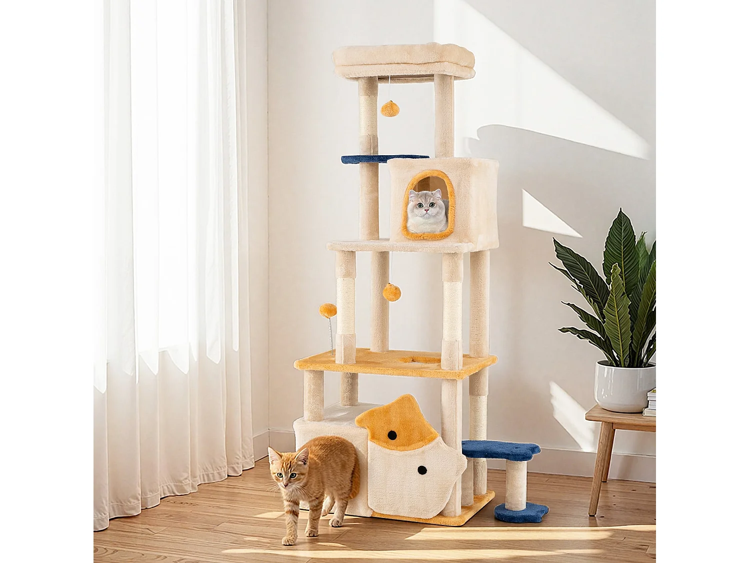Grand arbre à chat avec design de poisson en bois Arbre à chat Arbre à grimper Beige