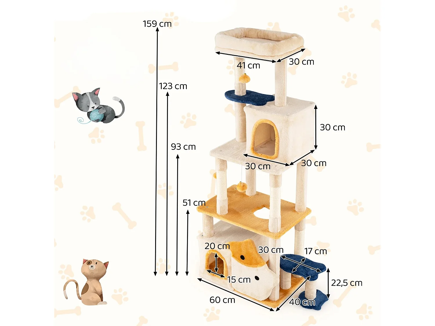 Grand arbre à chat avec design de poisson en bois Arbre à chat Arbre à grimper Beige