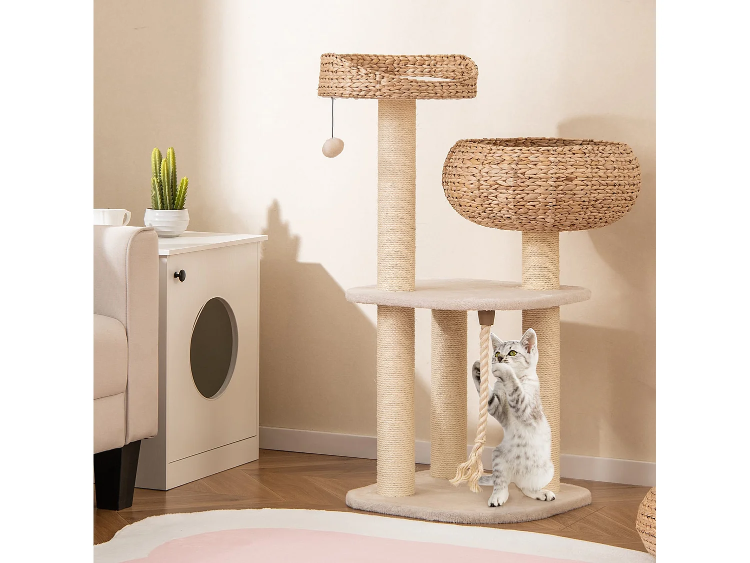 Arbre à Chat 45 x 45 x 104 CM avec Pompon Suspendu Corde et Griffoirs Enveloppés de Sisal Naturel pour Chat/Chaton Blanc