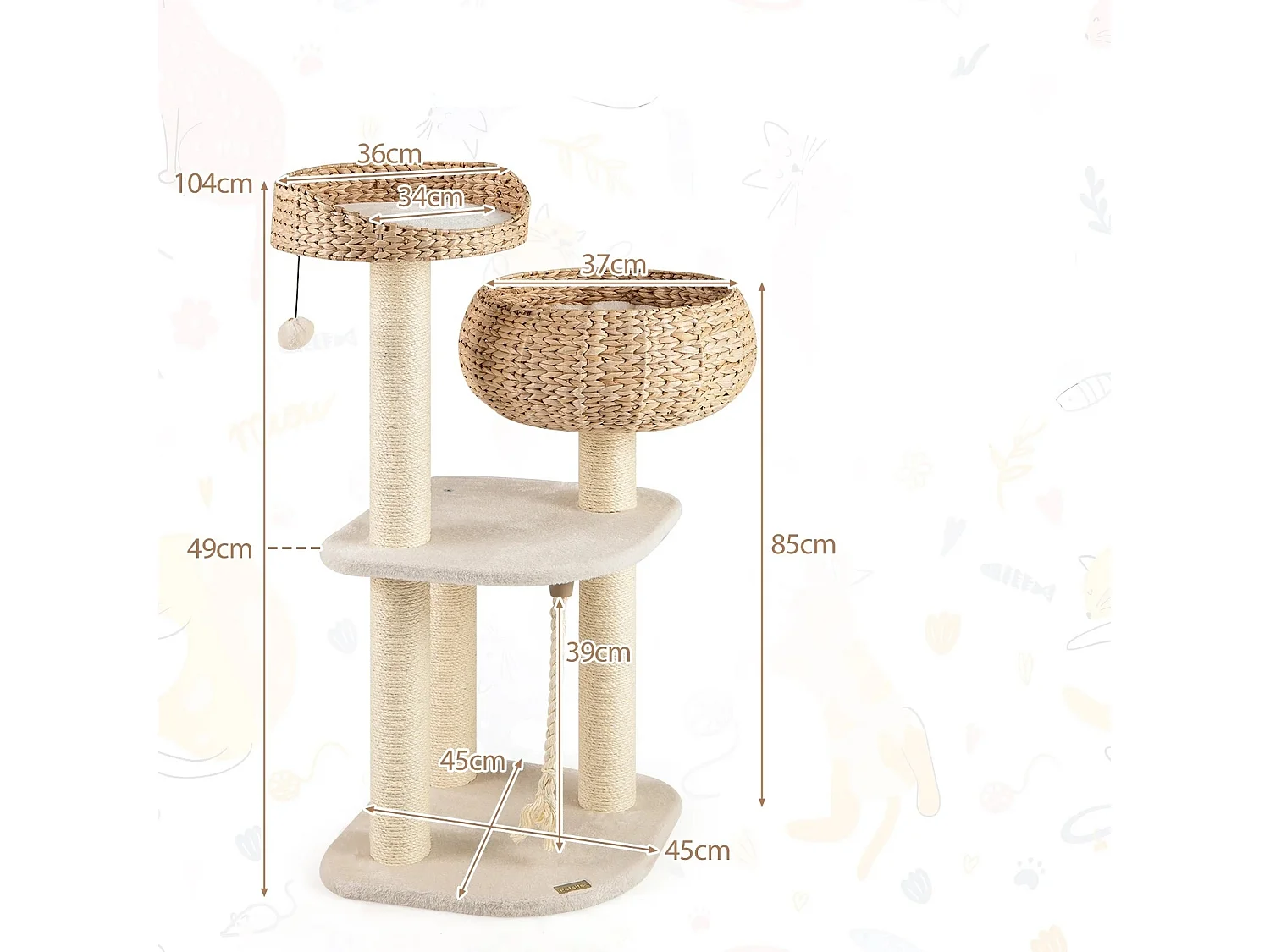 Arbre à Chat 45 x 45 x 104 CM avec Pompon Suspendu Corde et Griffoirs Enveloppés de Sisal Naturel pour Chat/Chaton Blanc