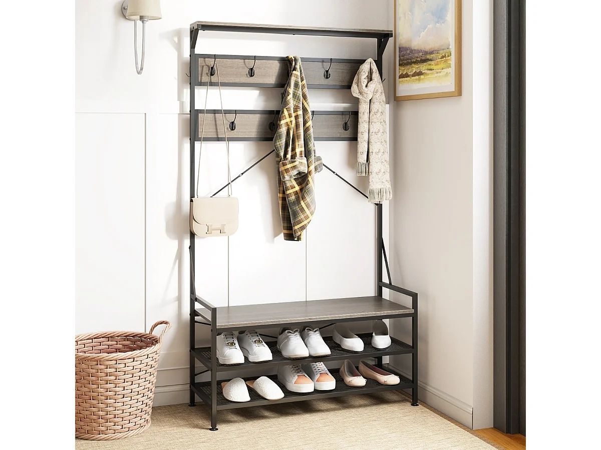 Porte-Manteau 4 en 1 avec 11 Crochets de Suspension Banc à Chaussures à 2 Niveaux Cadre en Métal 2 Kits Anti-Basculement Gris