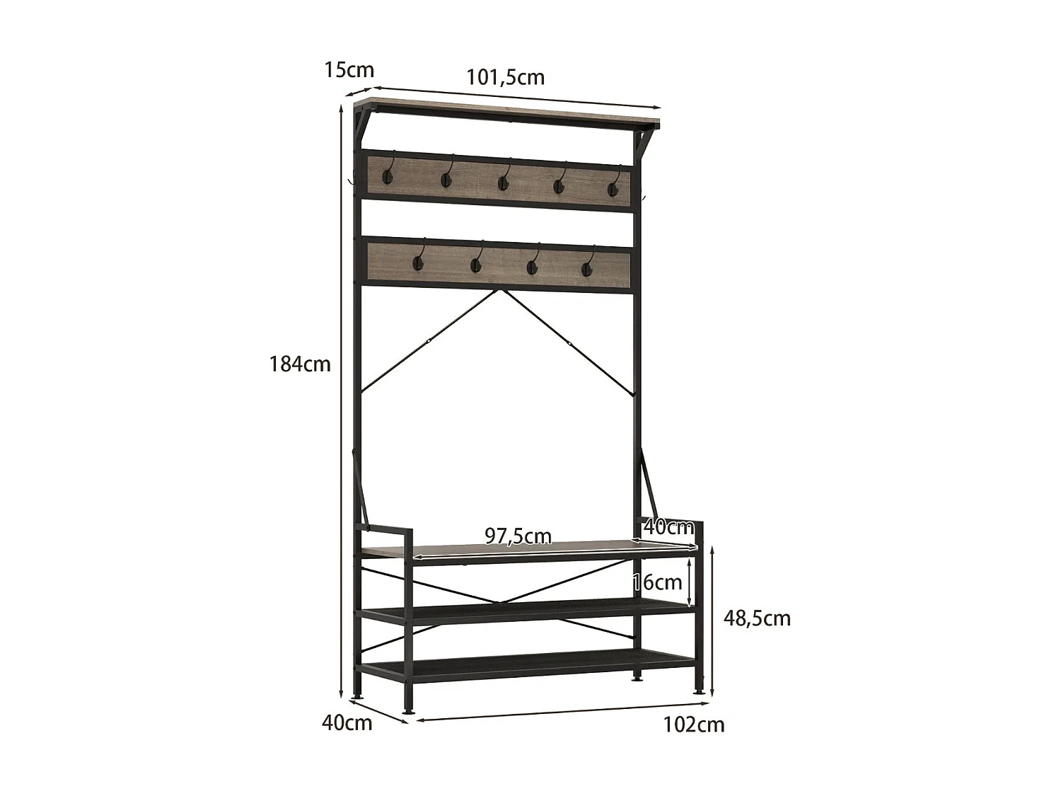 Porte-Manteau 4 en 1 avec 11 Crochets de Suspension Banc à Chaussures à 2 Niveaux Cadre en Métal 2 Kits Anti-Basculement Gris