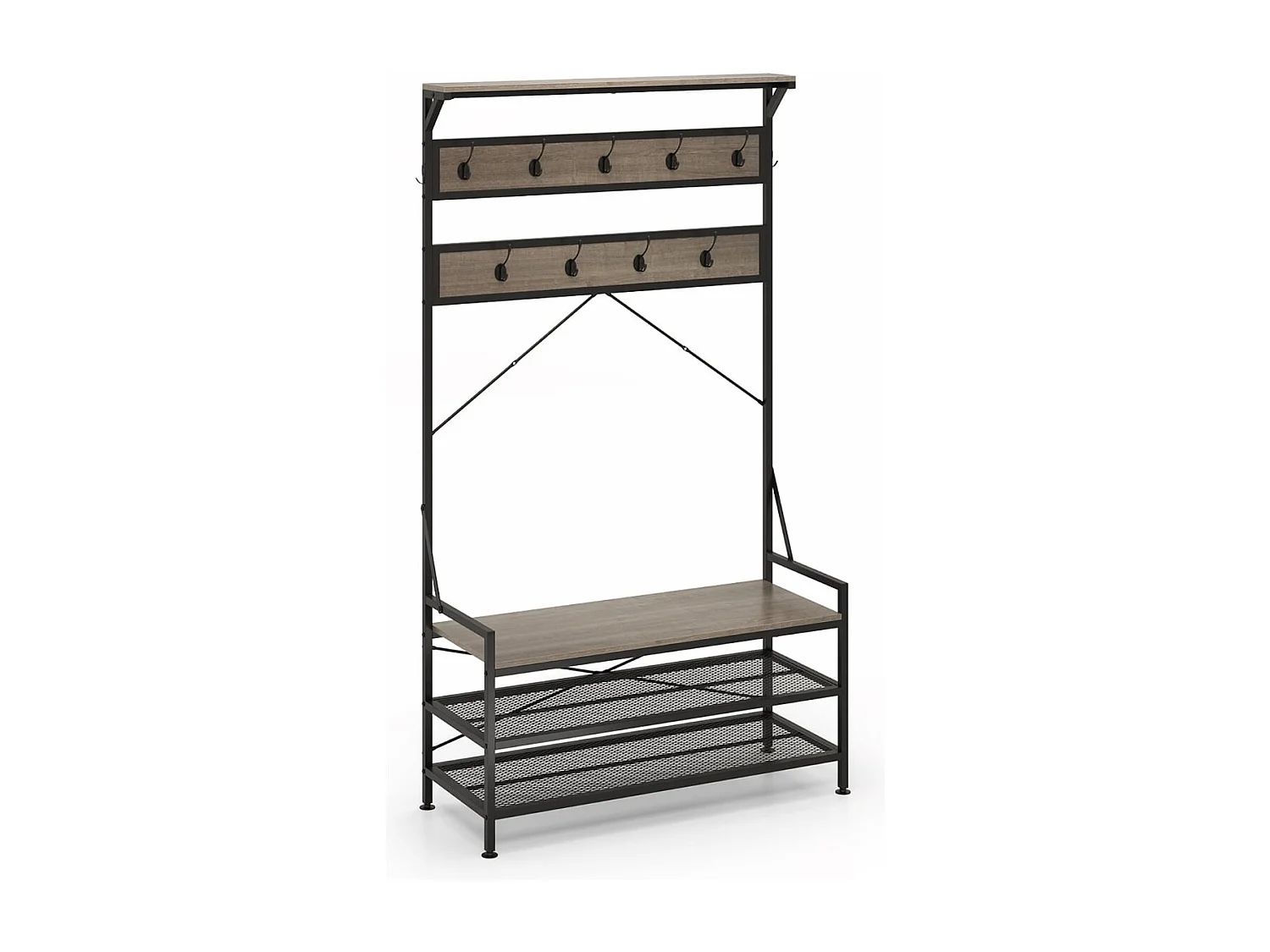 Porte-Manteau 4 en 1 avec 11 Crochets de Suspension Banc à Chaussures à 2 Niveaux Cadre en Métal 2 Kits Anti-Basculement Gris
