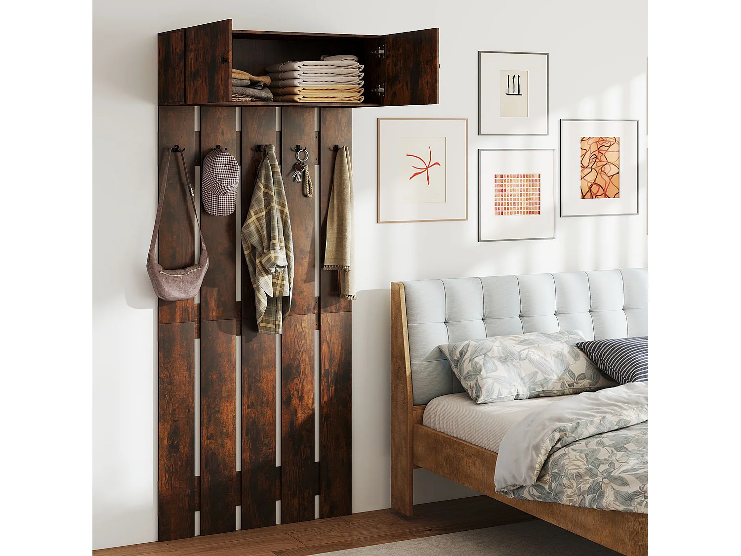 Portemanteau mural avec 5 crochets doubles & armoire 2 portes Panneau de vestiaire mural brun
