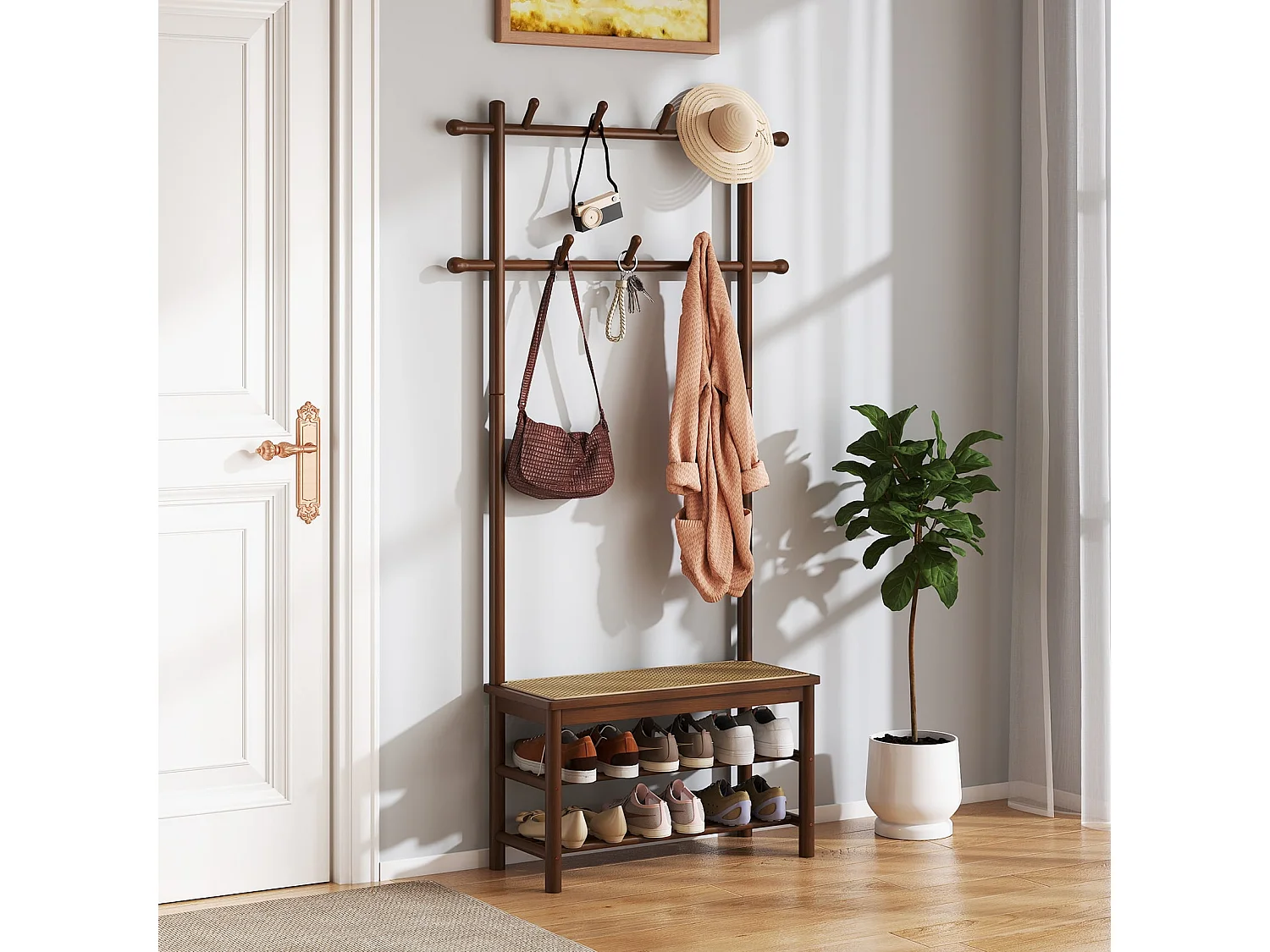Porte-Manteau en Bambou Arbre de Hall en Rotin PE avec Banc et Rangement à Chaussures Banc d'Entrée avec 2 Barres de Suspension Marron