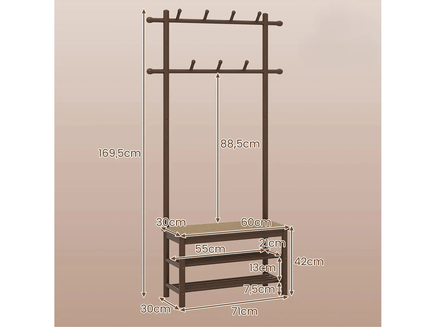 Porte-Manteau en Bambou Arbre de Hall en Rotin PE avec Banc et Rangement à Chaussures Banc d'Entrée avec 2 Barres de Suspension Marron