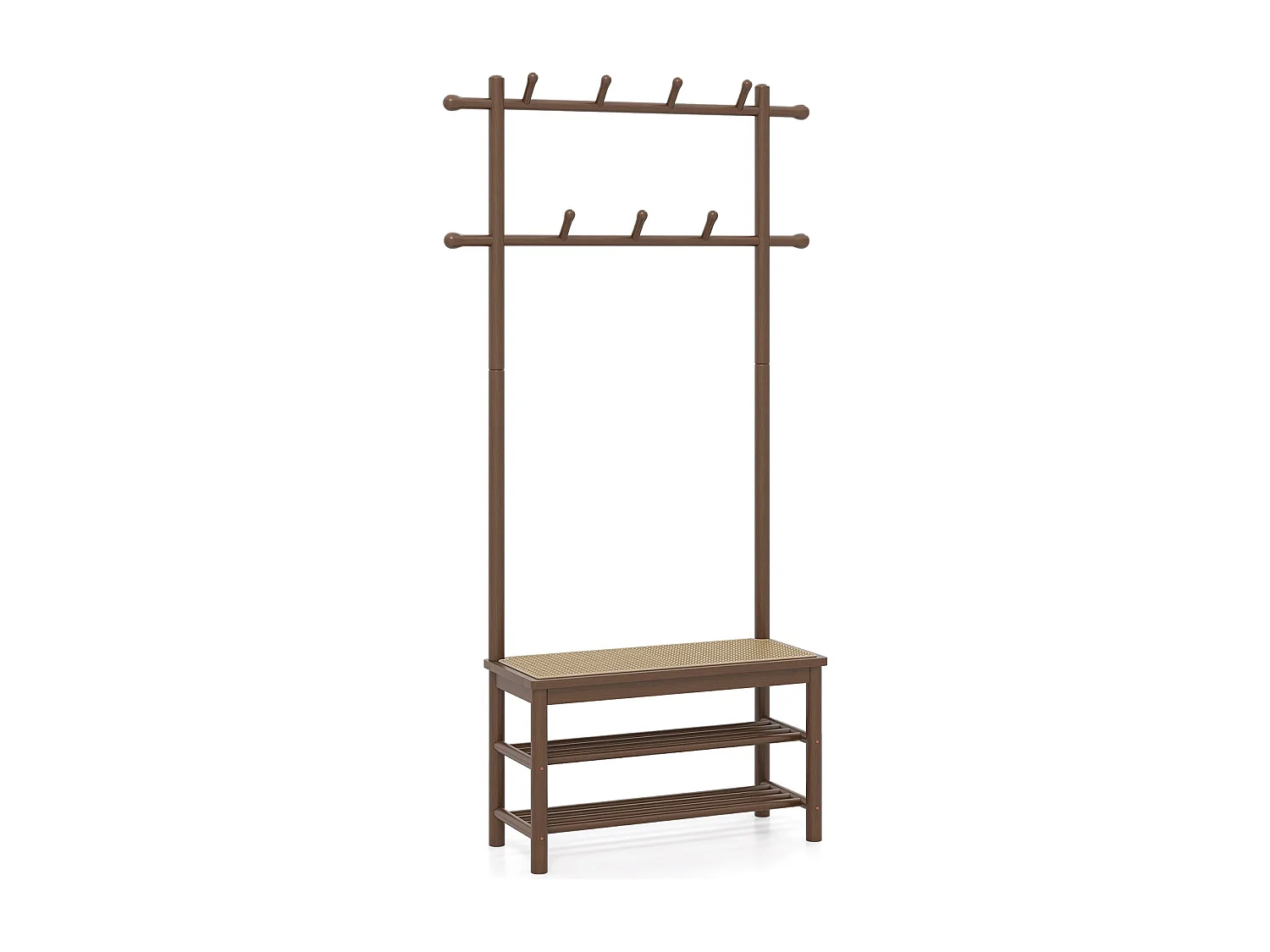Porte-Manteau en Bambou Arbre de Hall en Rotin PE avec Banc et Rangement à Chaussures Banc d'Entrée avec 2 Barres de Suspension Marron