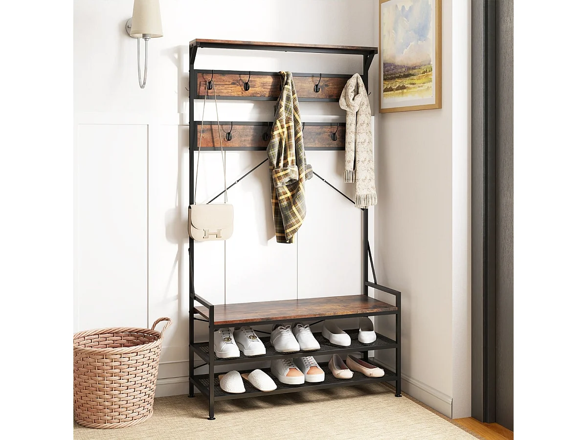 Porte-Manteau 4 en 1 avec 11 Crochets de Suspension Banc à Chaussures à 2 Niveaux Cadre en Métal 2 Kits Anti-Basculement Marron Rustique