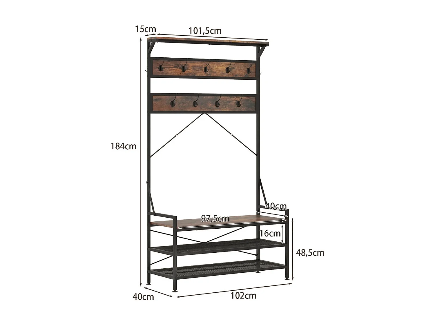 Porte-Manteau 4 en 1 avec 11 Crochets de Suspension Banc à Chaussures à 2 Niveaux Cadre en Métal 2 Kits Anti-Basculement Marron Rustique