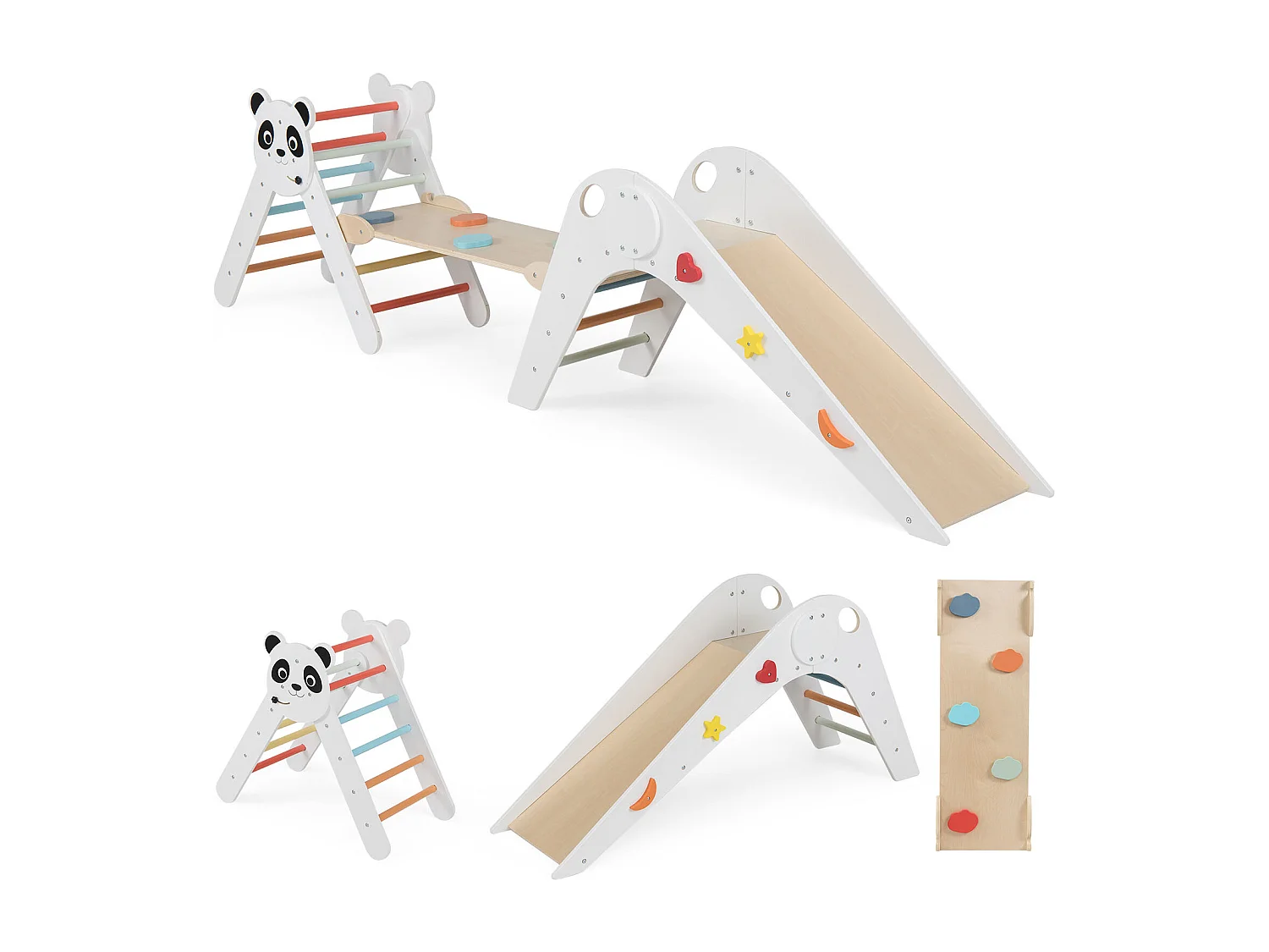 Set triangolo di arrampicata pieghevole Montessori in legno con motivo panda bianco