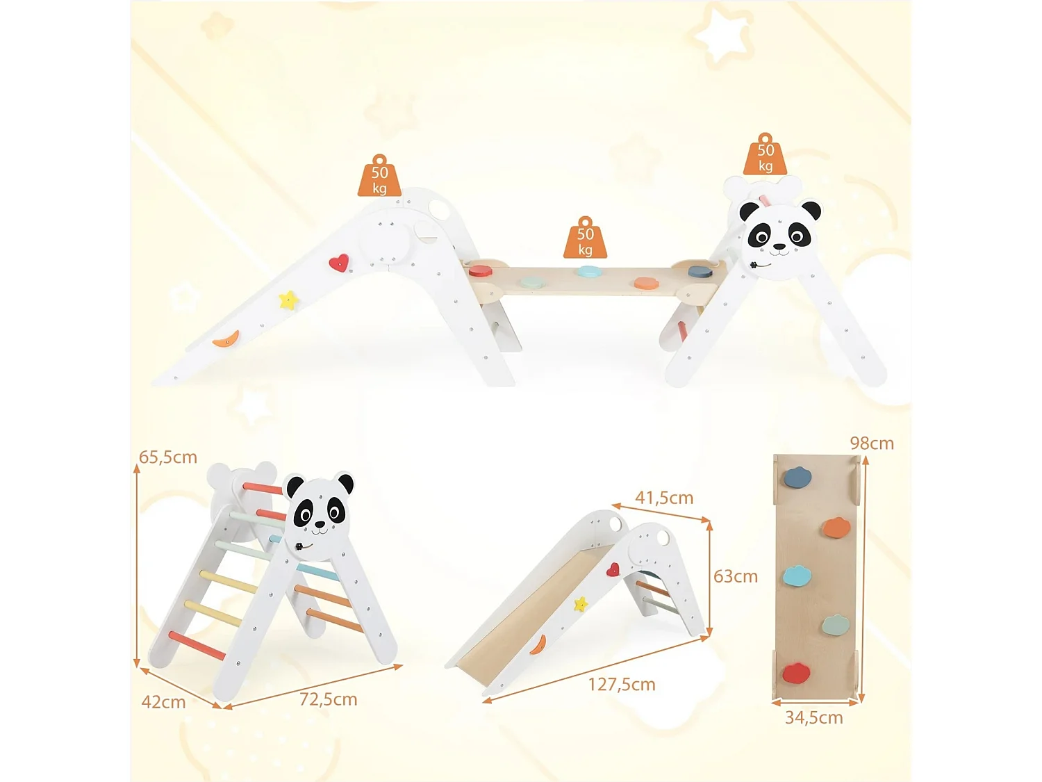 Set triangolo di arrampicata pieghevole Montessori in legno con motivo panda bianco